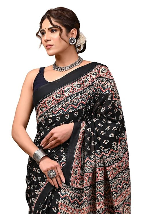 Crafts Moda Hand Block Ajrakh Print Cotton Saree For Women With Blouse